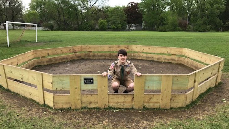 <p>Adam Stiner in his finished Gaga Ball pit at AGS.</p>
